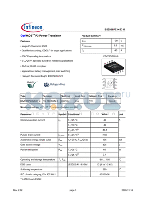 BSZ086P03NS3EG datasheet - OptiMOS P3 Power-Transistor