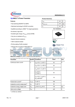 BSZ040N04LSG datasheet - OptiMOS3 Power-Transistor