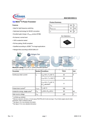 BSZ160N10NS3G datasheet - OptiMOS3 Power-Transistor