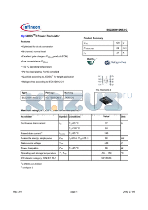BSZ240N12NS3G datasheet - OptiMOSTM 3 Power-Transistor