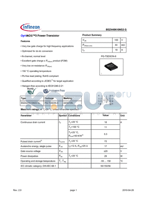 BSZ440N10NS3G datasheet - OptiMOS3 Power-Transistor