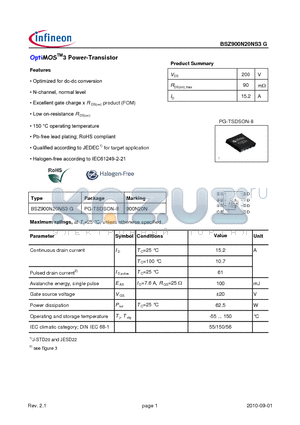 BSZ900N20NS3G datasheet - OptiMOSTM3 Power-Transistor