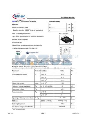 BSZ180P03NS3EG datasheet - OptiMOS P3 Power-Transistor