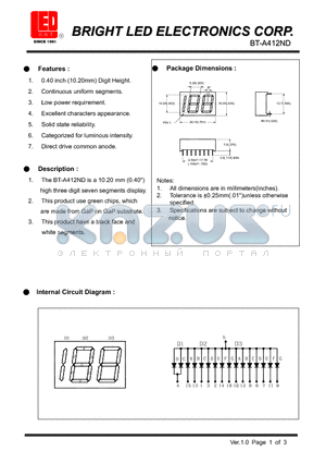 BT-A412ND datasheet - 10.20 mm (0.40) high three digit seven segments display.