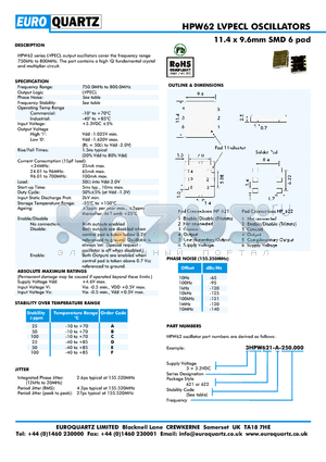 3HPW621-A-250.000 datasheet - 11.4 x 9.6mm SMD 6 pad