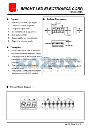 BT-A51DRD datasheet - 14.2mm (0.56) high single digit seven segments display