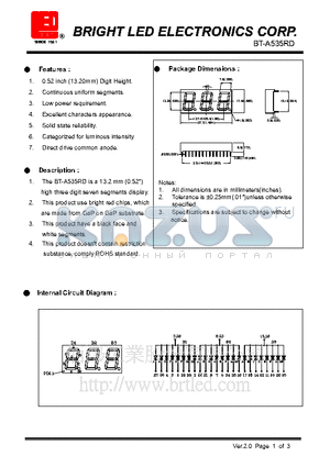 BT-A535RD datasheet - 13.2mm(0.52) high three digit seven segments display