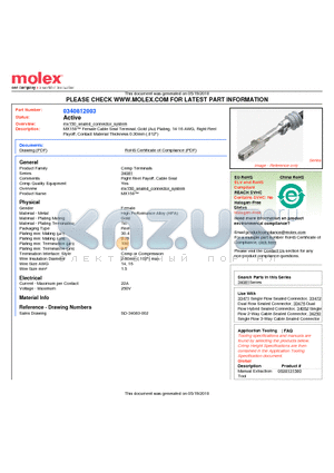 0340812003 datasheet - MX150 Female Cable Seal Terminal, Gold (Au) Plating, 14-16 AWG, Right ReelPayoff, Contact Material Thickness 0.30mm (.012