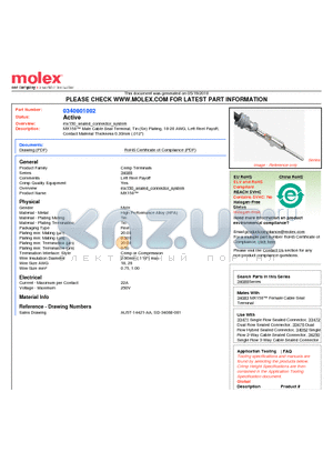 0340801002 datasheet - MX150 Male Cable Seal Terminal, Tin (Sn) Plating, 18-20 AWG, Left Reel PayoffContact Material Thickness 0.30mm (.012