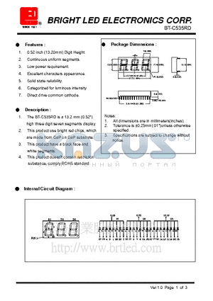 BT-C535RD datasheet - 13.2mm(0.52) high three digit seven segments display