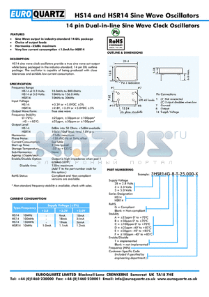 3HSR14-F-T-25.000-X datasheet - 14 pin Dual-in-line Sine Wave Clock Oscillators
