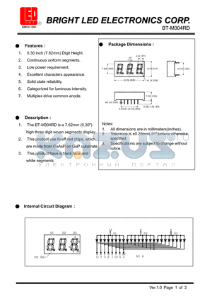 BT-M304RD datasheet - 7.62mm(0.30) high three digit seven segments display