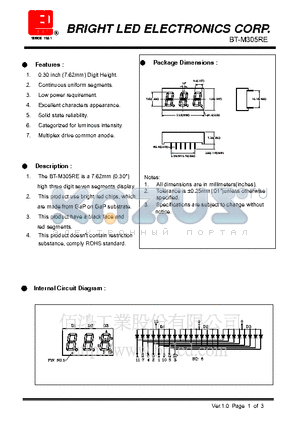 BT-M305RE datasheet - 7.62mm(0.30) high three digit seven segments display