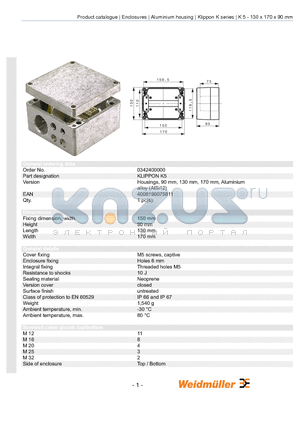 0342400000 datasheet - Housings, 90 mm, 130 mm, 170 mm, Aluminium alloy (AlSi12)