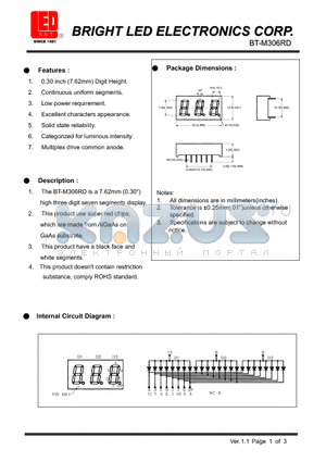 BT-M306RD datasheet - 7.62mm (0.30) high three digit seven segments display.