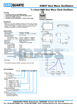 3HSR57-D-T-25.000-X datasheet - 7 x 5mm SMD Sine Wave Clock Oscillator