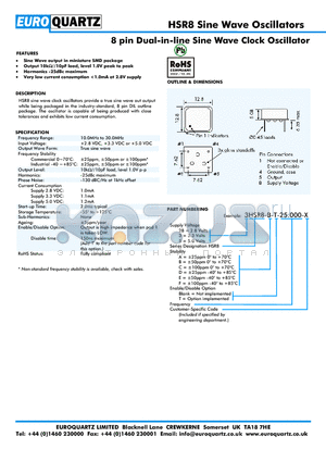 3HSR8-E-T-25.000-X datasheet - 8 pin Dual-in-line Sine Wave Clock Oscillator