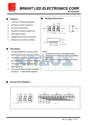 BT-N304RD datasheet - 7.62mm (0.30) high three digit seven segments display.