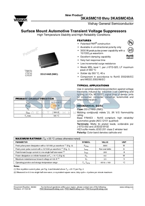 3KASMC11 datasheet - Surface Mount Automotive Transient Voltage Suppressors