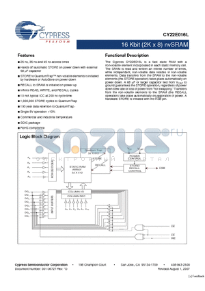 CY22E016L-SZ25XC datasheet - 16 Kbit (2K x 8) nvSRAM