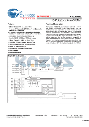 CY22E016L-SZ25XCT datasheet - 16-Kbit (2K x 8) nvSRAM