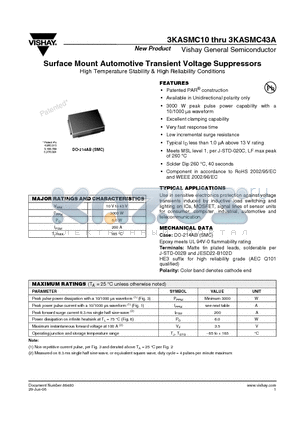 3KASMC16A datasheet - Surface Mount Automotive Transient Voltage Suppressors (High Temperature Stability & High Reliability Conditions)