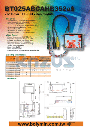 BT025ABCAHB datasheet - 2.5 Color TFT-LCD video module