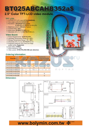 BT025ABCAHB352 datasheet - 2.5 Color TFT-LCD video module