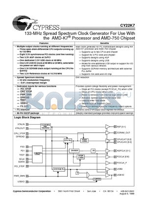 CY22K7 datasheet - 133-MHz Spread Spectrum Clock Generator For Use With the AMD-K7 Processor and AMD-750 Chipset