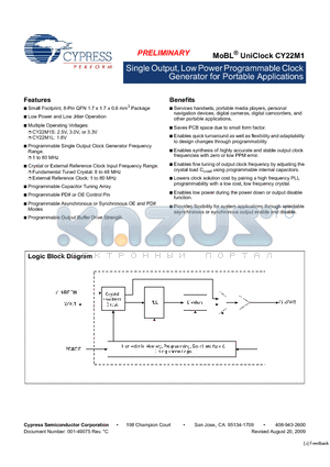 CY22M1 datasheet - Single Output, Low Power Programmable Clock Generator for Portable Applications