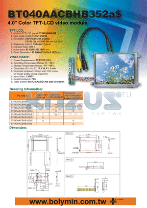 BT040AACBHB352 datasheet - 4.0 Color TFT-LCD video module