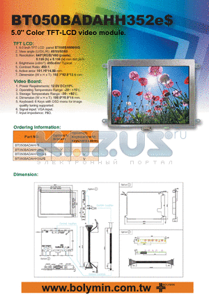 BT050BADAHH datasheet - 5.0 Color TFT-LCD video module