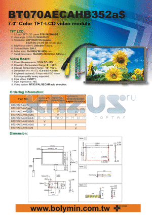 BT070AECAHB352 datasheet - 7.0 Color TFT-LCD video module