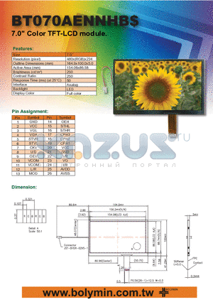 BT070AENNHB datasheet - 7.0 Color TFT-LCD module