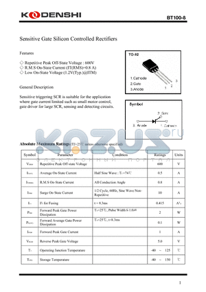 BT100-8 datasheet - Sensitive Gate Silicon Controlled Rectifiers