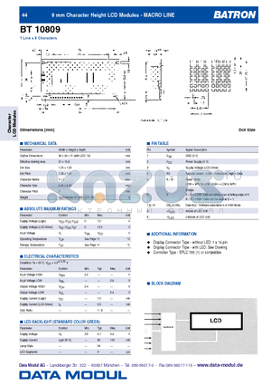 BT10809 datasheet - 9 mm Character Height LCD Modules - MACRO LINE