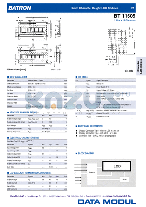 BT11605 datasheet - 5 mm Character Height LCD Modules