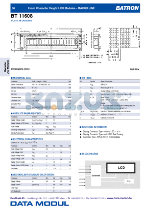 BT11608 datasheet - 8 mm Character Height LCD Modules - MACRO LINE