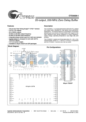 CY23020-1 datasheet - 20-output, 200-MHz Zero Delay Buffer