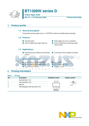 BT1308W-600D datasheet - Triacs logic level