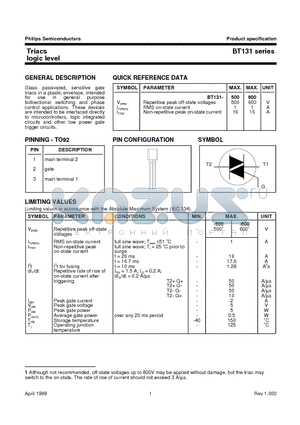 BT131 datasheet - Triacs logic level