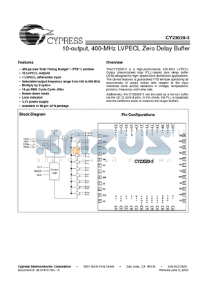 CY23020-3 datasheet - 10-output, 400-MHz LVPECL Zero Delay Buffer
