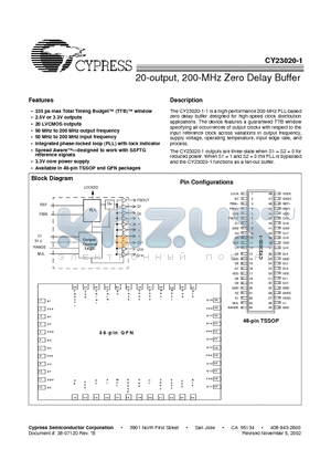 CY23020LFI-1 datasheet - 20-output, 200-MHz Zero Delay Buffer