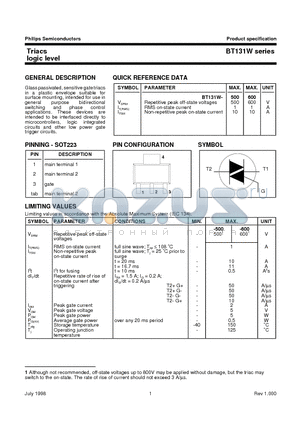 BT131W-500 datasheet - Triacs logic level