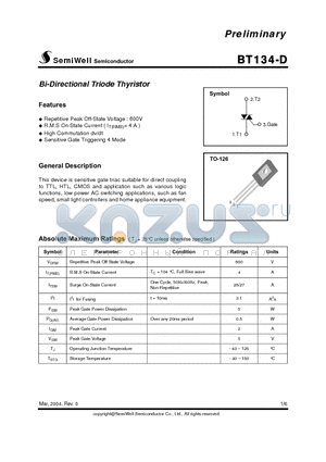 BT134-D datasheet - Bi-Directional Triode Thyristor