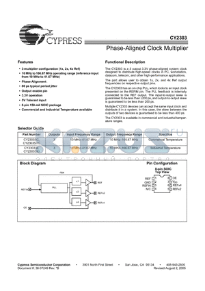 CY2303SCT datasheet - Phase-Aligned Clock Multiplier