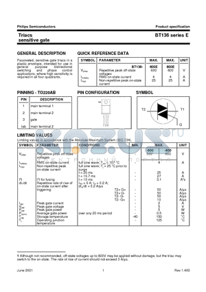 BT136-600E datasheet - TRIACS SENSITIVE GATE