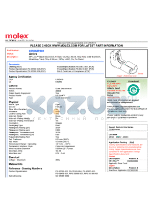 0350689902 datasheet - MP-Lock Quick Disconnect, Female, for 20x2, 20x18, 18x2 AWG (0.80-0.52mmb),Metal Strip, Tab 4.75 by 0.50mm (.187 by .020