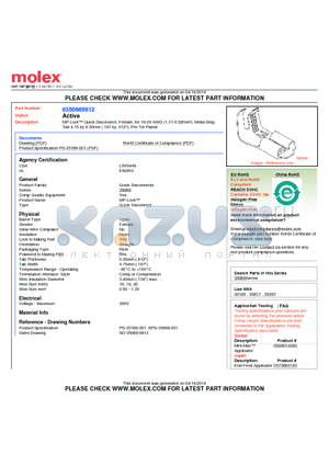 0350689812 datasheet - MP-Lock Quick Disconnect, Female, for 16-20 AWG (1.31-0.52mmb), Metal StripTab 4.75 by 0.30mm (.187 by .012