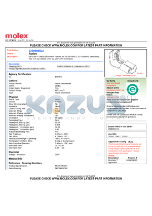 0350689822 datasheet - MP-Lock Quick Disconnect, Female, for 16-20 AWG (1.31-0.52mmb), Metal StripTab 4.75 by 0.80mm (.187 by .031